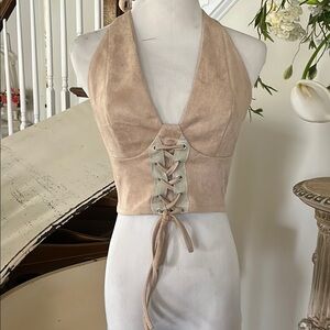 Beige Halter Lace-Up Women Top